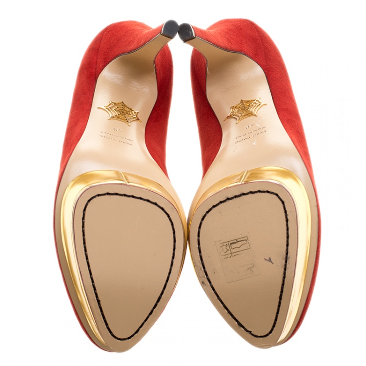 Pre Owned Charlotte Olympia Red Suede Dolly Platform Pumps Size 40
