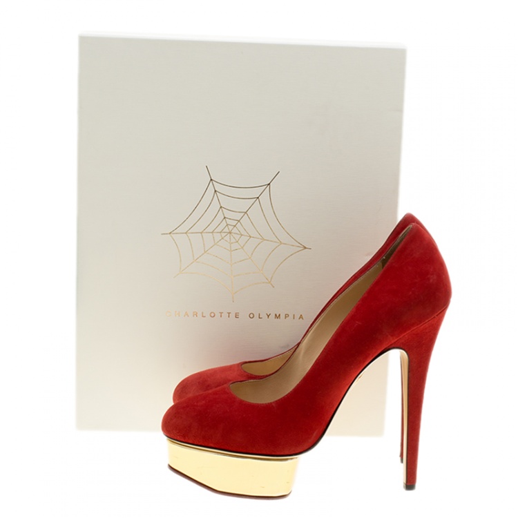 Pre Owned Charlotte Olympia Red Suede Dolly Platform Pumps Size 40