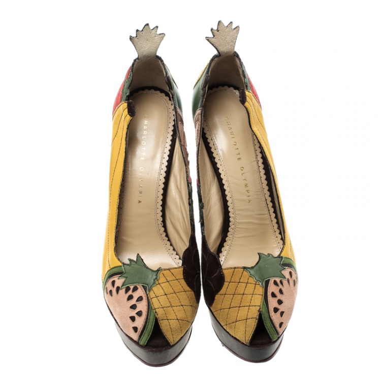 Pre Owned Charlotte Olympia Multicolor Leather and Suede Bananas Is My Business Block Heels Pumps Size 39