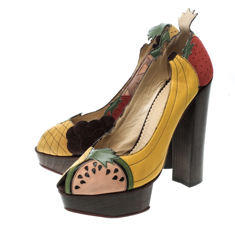 Pre Owned Charlotte Olympia Multicolor Leather and Suede Bananas Is My Business Block Heels Pumps Size 39