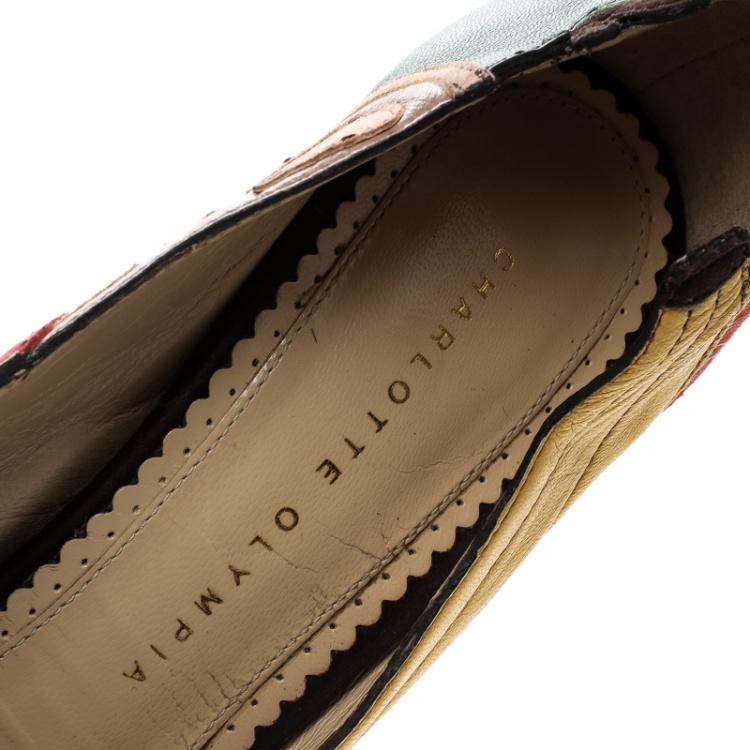 Pre Owned Charlotte Olympia Multicolor Leather and Suede Bananas Is My Business Block Heels Pumps Size 39