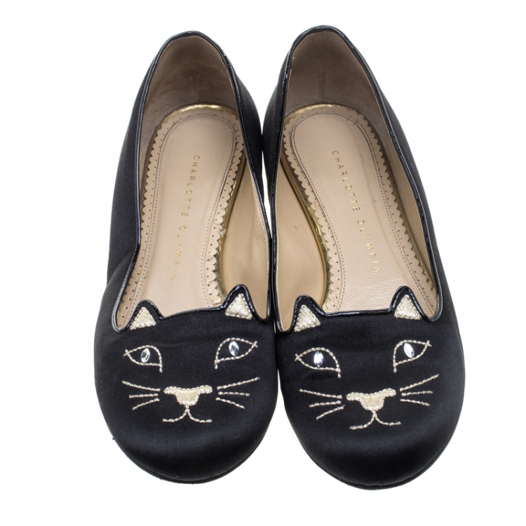 Pre Owned Charlotte Olympia Black Satin Kitty Ballet Flats Size 37.5