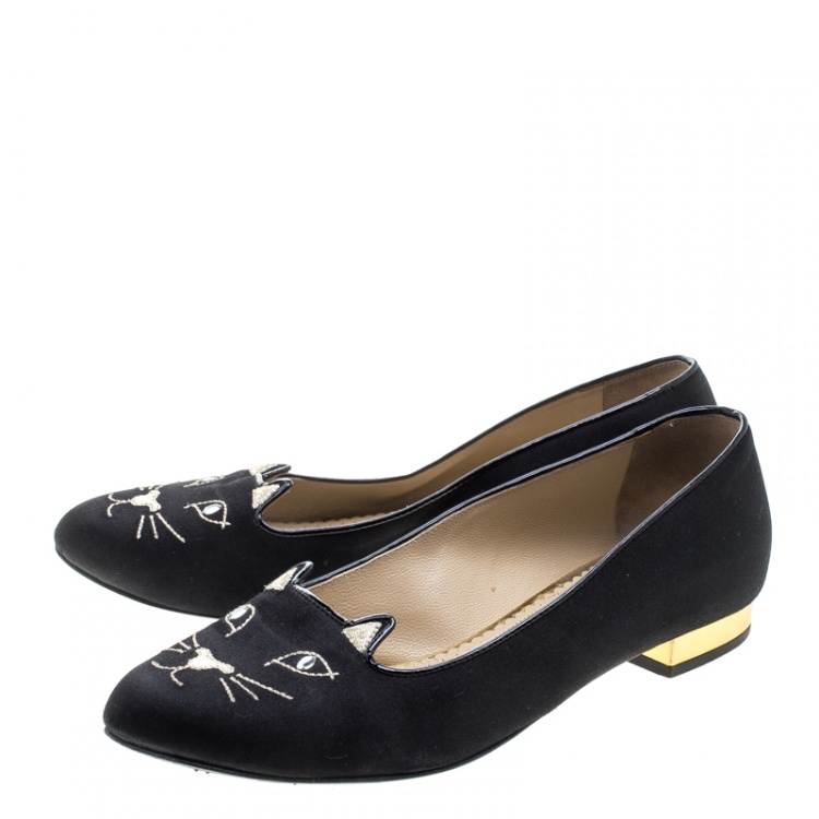 Pre Owned Charlotte Olympia Black Satin Kitty Ballet Flats Size 37.5