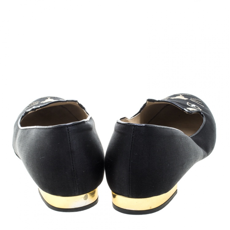 Pre Owned Charlotte Olympia Black Satin Kitty Ballet Flats Size 37.5