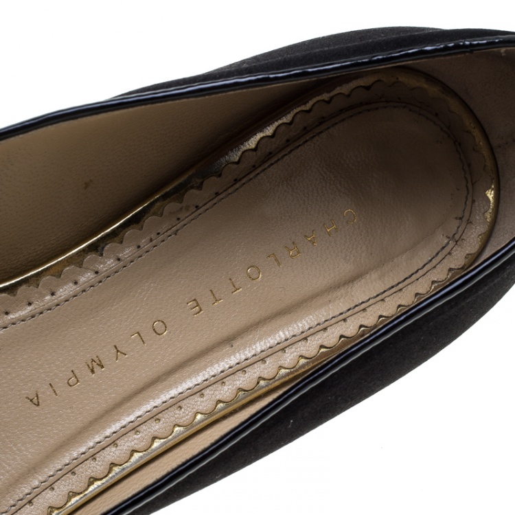 Pre Owned Charlotte Olympia Black Satin Kitty Ballet Flats Size 37.5