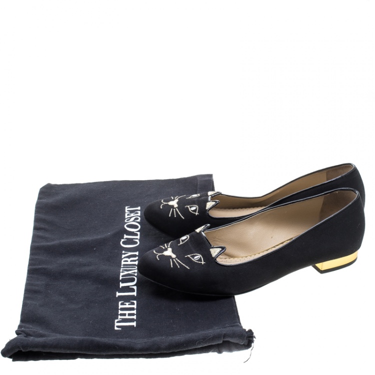 Pre Owned Charlotte Olympia Black Satin Kitty Ballet Flats Size 37.5