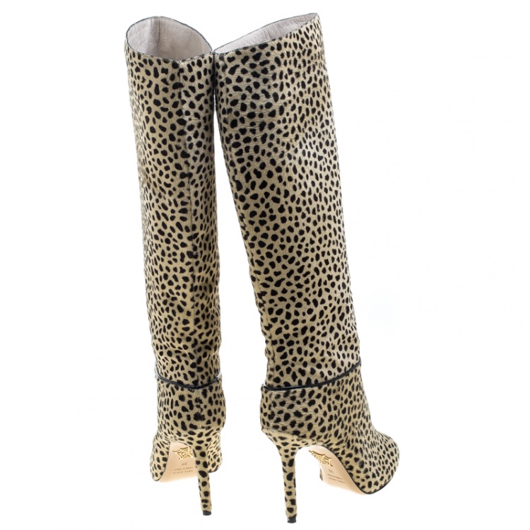 Pre Owned Charlotte Olympia Beige Leopard Print Pony Hair Corine Knee High Boots Size 36