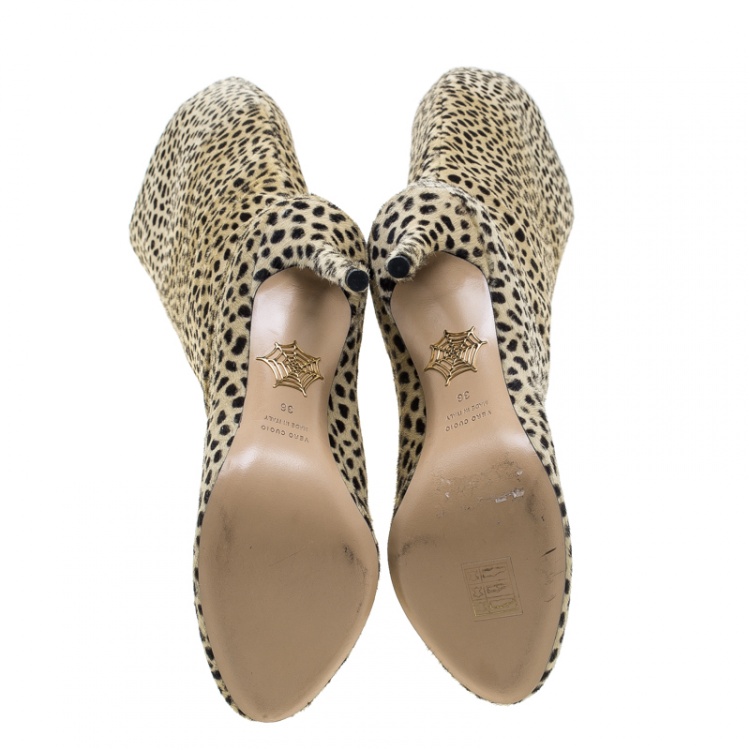 Pre Owned Charlotte Olympia Beige Leopard Print Pony Hair Corine Knee High Boots Size 36