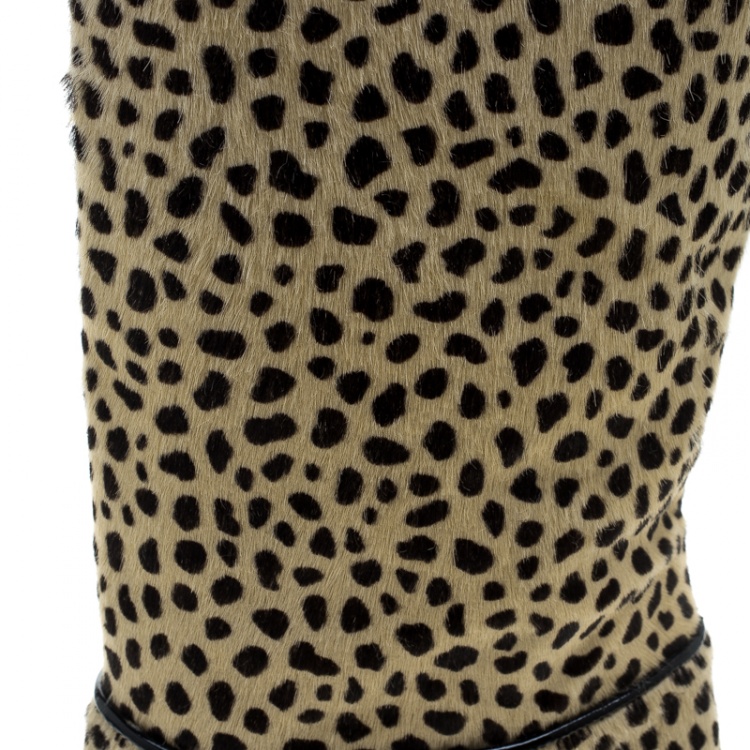 Pre Owned Charlotte Olympia Beige Leopard Print Pony Hair Corine Knee High Boots Size 36