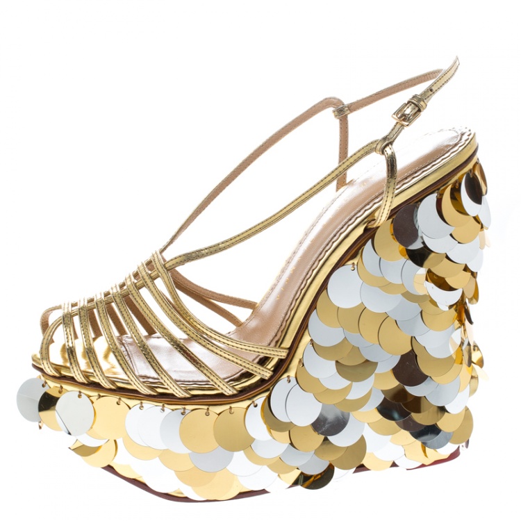 Pre Owned Charlotte Olympia Metallic Gold Leather Poseidon Disc Embellished Wedge Platform Sandals Size 37