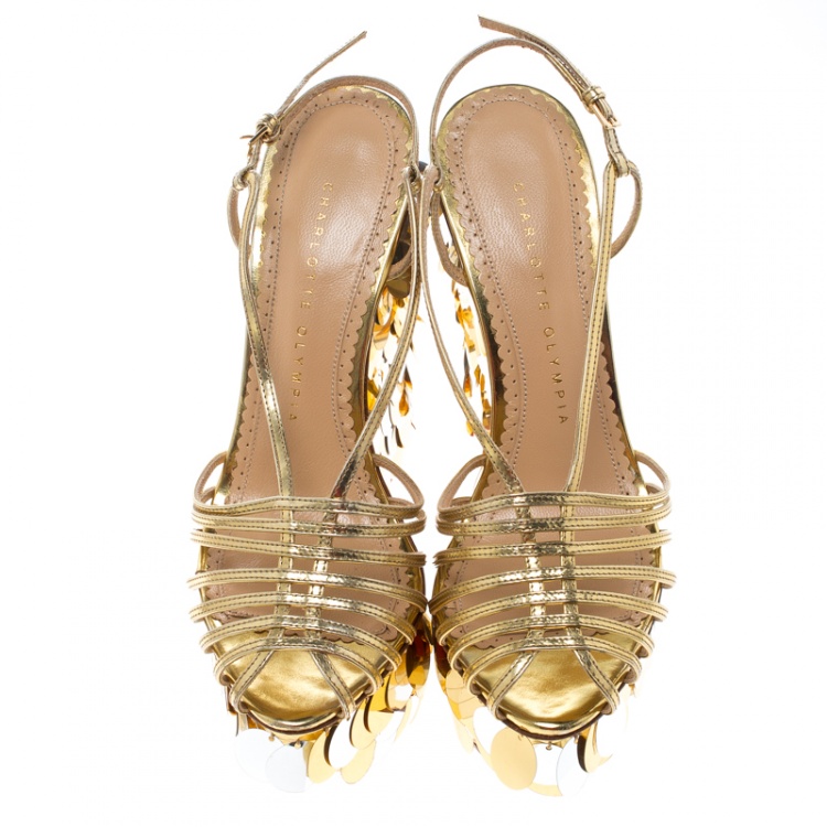 Pre Owned Charlotte Olympia Metallic Gold Leather Poseidon Disc Embellished Wedge Platform Sandals Size 37