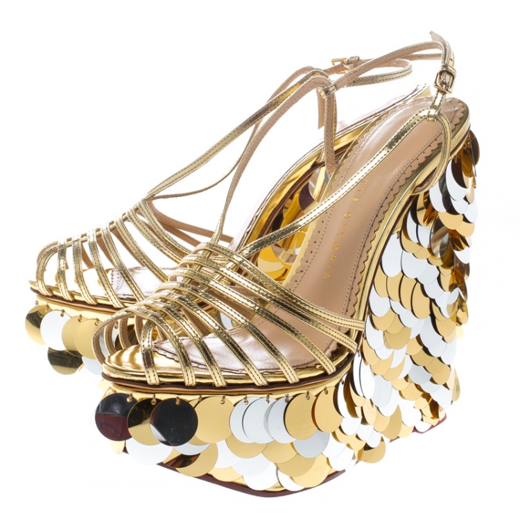 Pre Owned Charlotte Olympia Metallic Gold Leather Poseidon Disc Embellished Wedge Platform Sandals Size 37