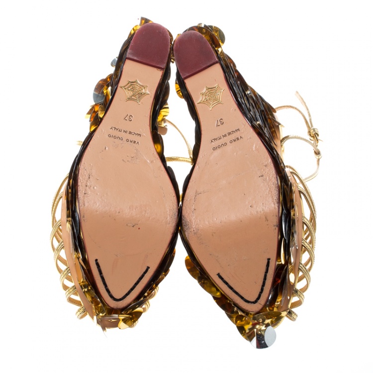 Pre Owned Charlotte Olympia Metallic Gold Leather Poseidon Disc Embellished Wedge Platform Sandals Size 37
