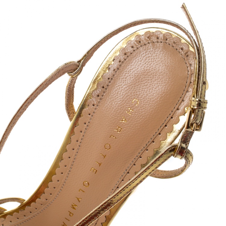 Pre Owned Charlotte Olympia Metallic Gold Leather Poseidon Disc Embellished Wedge Platform Sandals Size 37