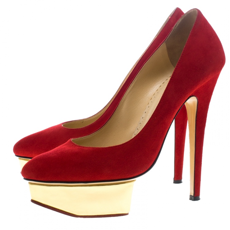 Pre Owned Charlotte Olympia Red Suede Dolly Platform Pumps Size 36.5