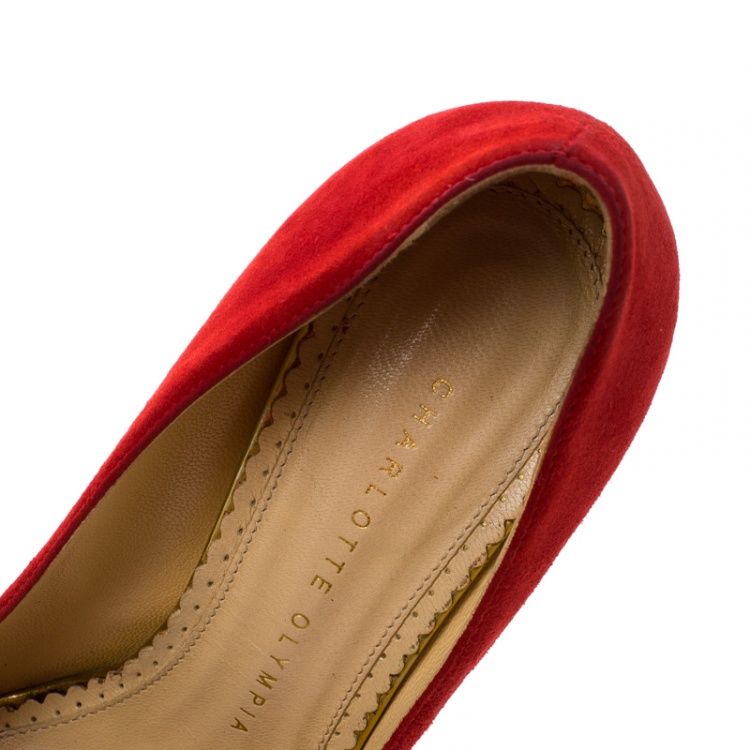 Pre Owned Charlotte Olympia Red Suede Dolly Platform Pumps Size 36.5