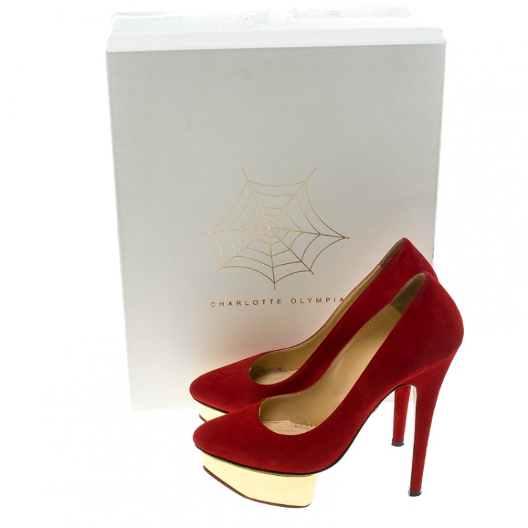 Pre Owned Charlotte Olympia Red Suede Dolly Platform Pumps Size 36.5