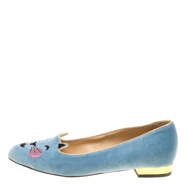 Pre Owned Charlotte Olympia Grey Velvet Emoticats Cheeky Kitty Flats Size 38