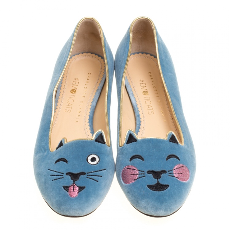 Pre Owned Charlotte Olympia Grey Velvet Emoticats Cheeky Kitty Flats Size 38