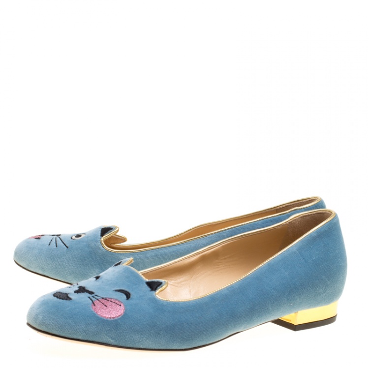 Pre Owned Charlotte Olympia Grey Velvet Emoticats Cheeky Kitty Flats Size 38