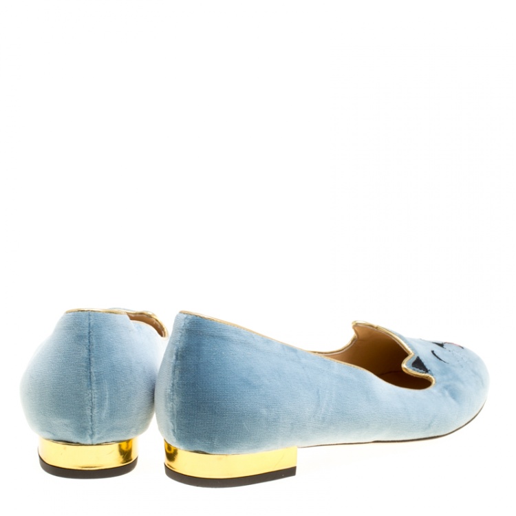 Pre Owned Charlotte Olympia Grey Velvet Emoticats Cheeky Kitty Flats Size 38