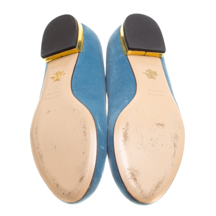 Pre Owned Charlotte Olympia Grey Velvet Emoticats Cheeky Kitty Flats Size 38
