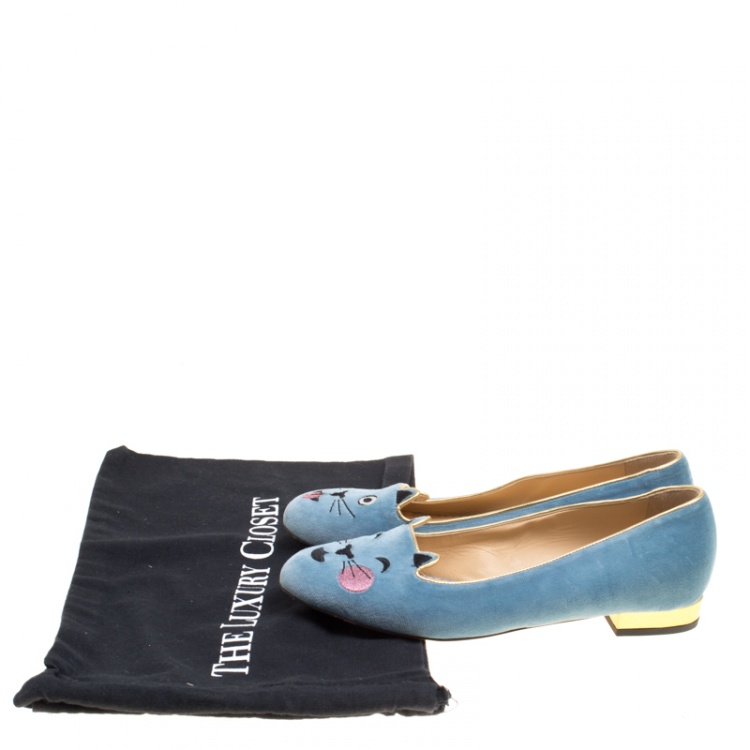 Pre Owned Charlotte Olympia Grey Velvet Emoticats Cheeky Kitty Flats Size 38