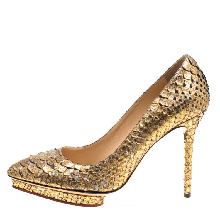 Pre Owned Charlotte Olympia Metallic Printed Python Leather Debbie Platform Pumps Size 38