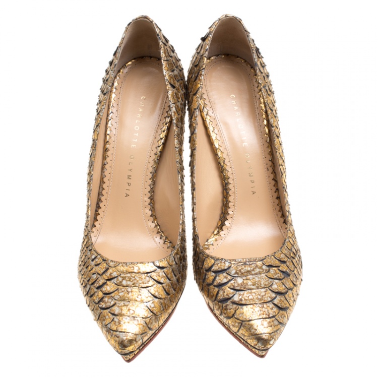 Pre Owned Charlotte Olympia Metallic Printed Python Leather Debbie Platform Pumps Size 38