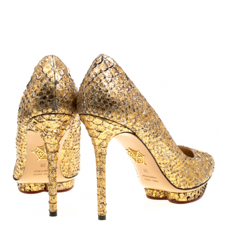 Pre Owned Charlotte Olympia Metallic Printed Python Leather Debbie Platform Pumps Size 38