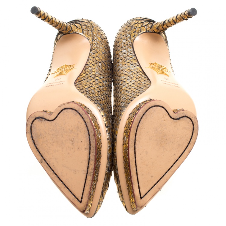 Pre Owned Charlotte Olympia Metallic Printed Python Leather Debbie Platform Pumps Size 38