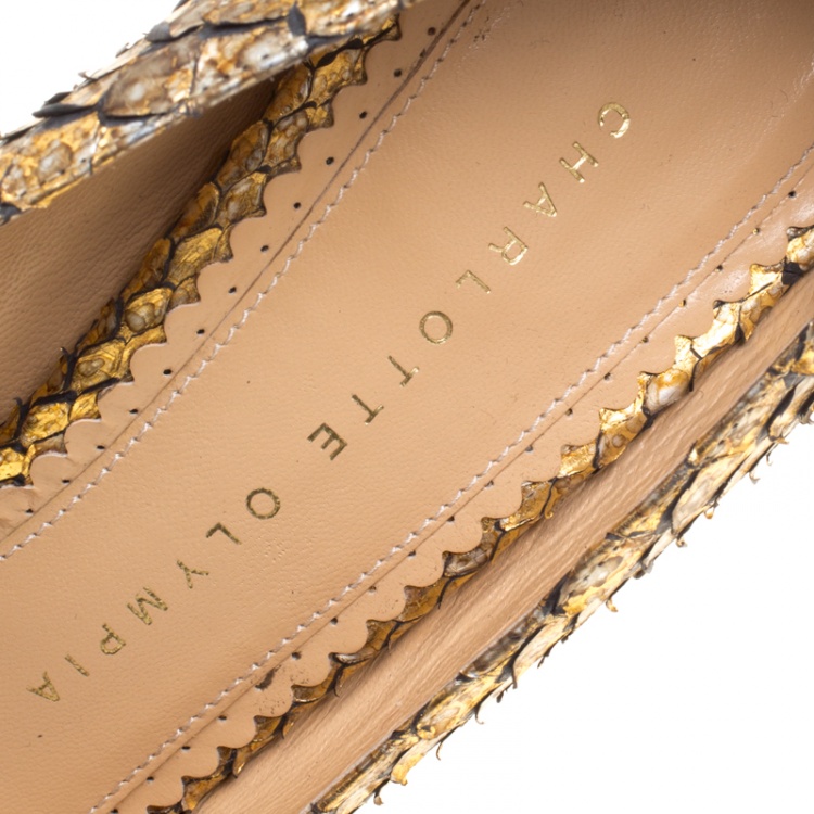 Pre Owned Charlotte Olympia Metallic Printed Python Leather Debbie Platform Pumps Size 38