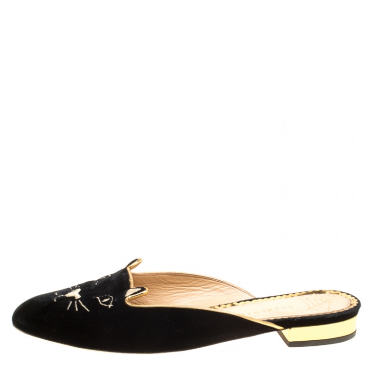 Pre Owned Charlotte Olympia Black Velvet Kitty Slip On Flats Size 38