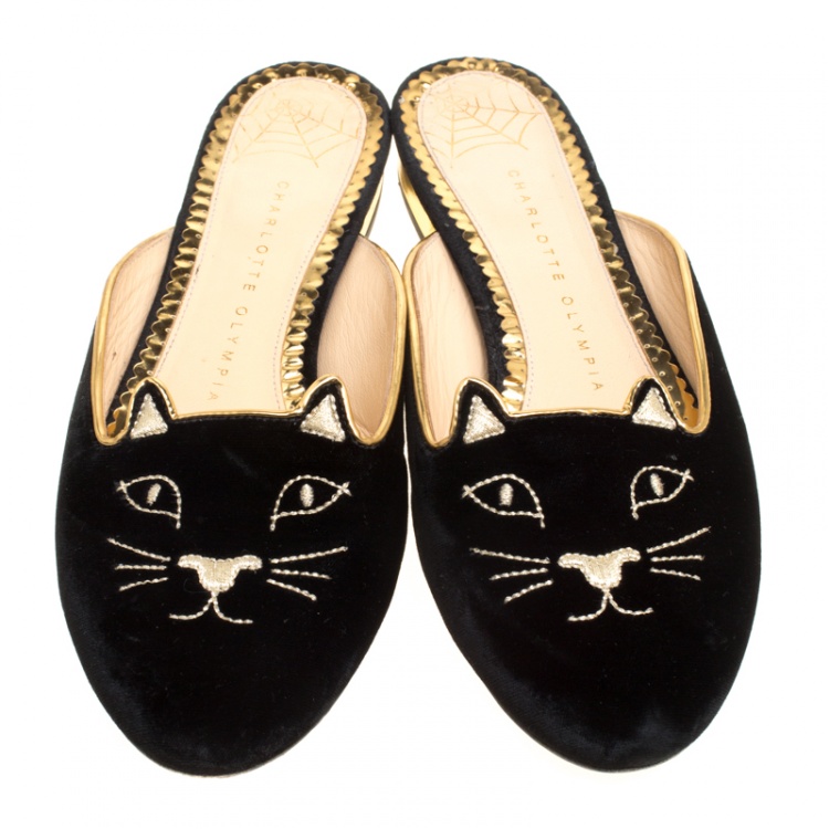 Pre Owned Charlotte Olympia Black Velvet Kitty Slip On Flats Size 38