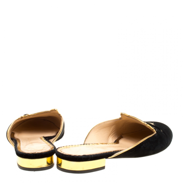 Pre Owned Charlotte Olympia Black Velvet Kitty Slip On Flats Size 38