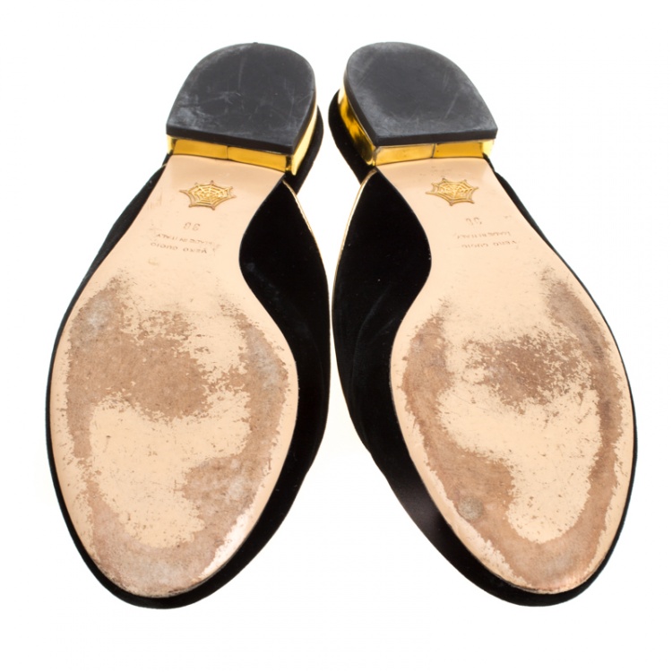 Pre Owned Charlotte Olympia Black Velvet Kitty Slip On Flats Size 38