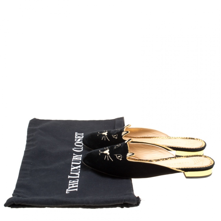 Pre Owned Charlotte Olympia Black Velvet Kitty Slip On Flats Size 38