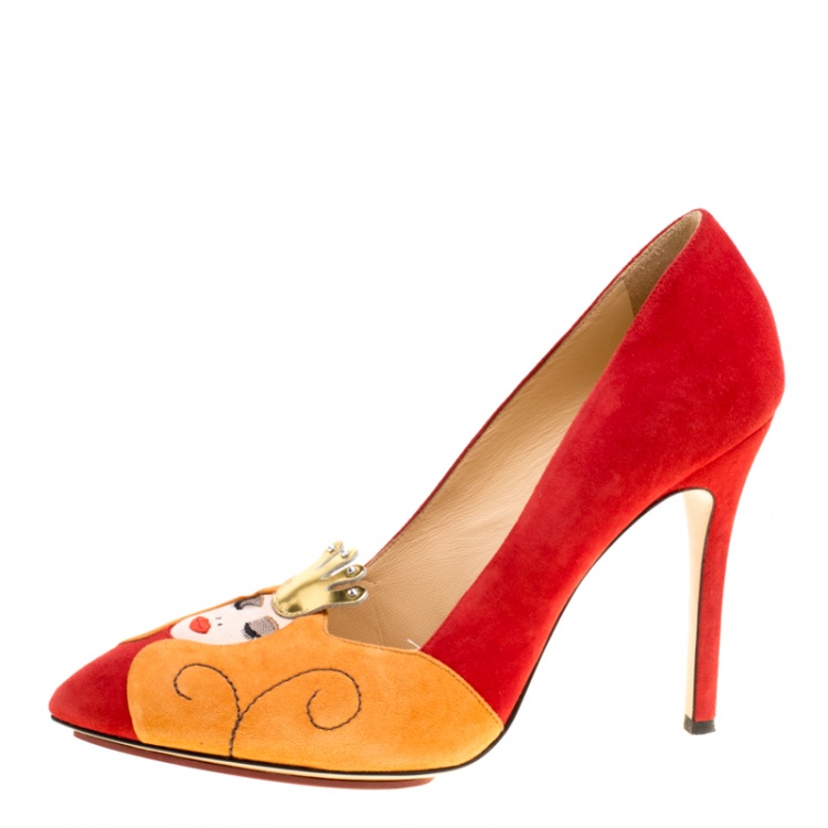 Pre Owned Charlotte Olympia Red Suede Sleeping Beauty Pumps Size 38.5