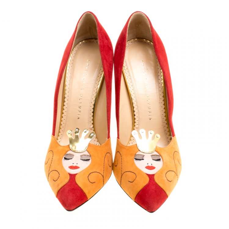 Pre Owned Charlotte Olympia Red Suede Sleeping Beauty Pumps Size 38.5