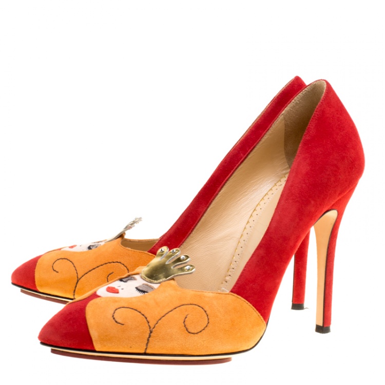 Pre Owned Charlotte Olympia Red Suede Sleeping Beauty Pumps Size 38.5
