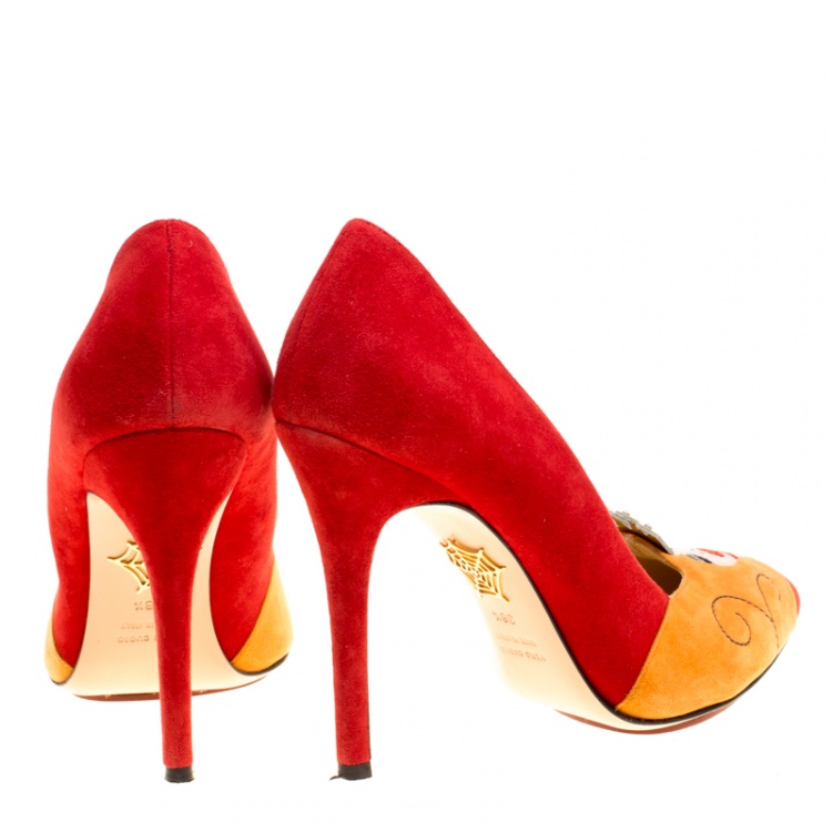 Pre Owned Charlotte Olympia Red Suede Sleeping Beauty Pumps Size 38.5
