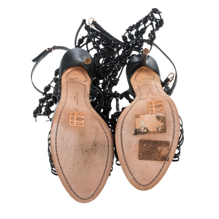 Pre Owned Sophia Webster Black Leather Arielle Beaded Woven Gladiator Sandals Size 38