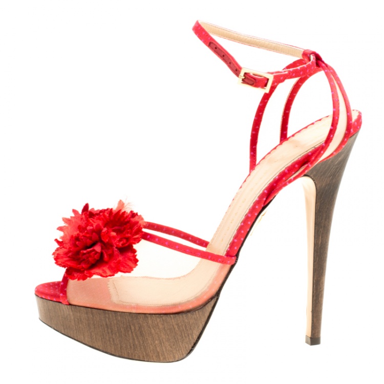 Pre Owned Charlotte Olympia Red Satin and Mesh Pomeline Flower Embellished Peep Toe Platform Sandals Size 40.5