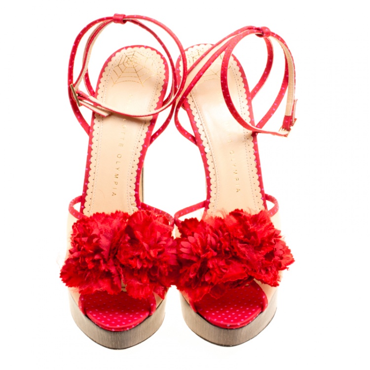 Pre Owned Charlotte Olympia Red Satin and Mesh Pomeline Flower Embellished Peep Toe Platform Sandals Size 40.5