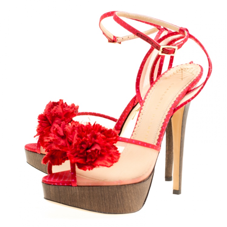 Pre Owned Charlotte Olympia Red Satin and Mesh Pomeline Flower Embellished Peep Toe Platform Sandals Size 40.5