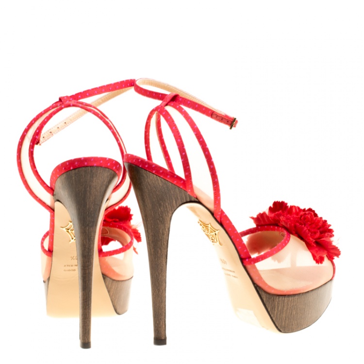 Pre Owned Charlotte Olympia Red Satin and Mesh Pomeline Flower Embellished Peep Toe Platform Sandals Size 40.5