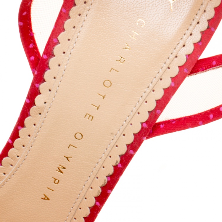 Pre Owned Charlotte Olympia Red Satin and Mesh Pomeline Flower Embellished Peep Toe Platform Sandals Size 40.5