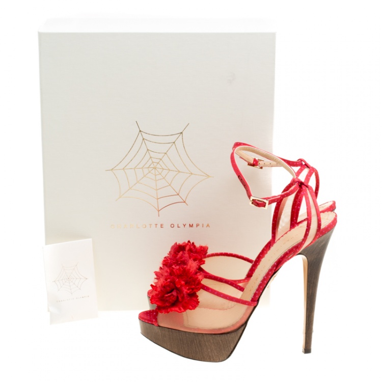 Pre Owned Charlotte Olympia Red Satin and Mesh Pomeline Flower Embellished Peep Toe Platform Sandals Size 40.5