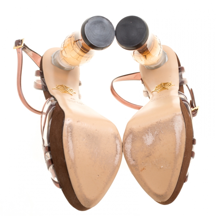 مملوكة مسبقًا Charlotte Olympia Brown Jelly Soda Cola Heel Ankle Wrap Platform Sandals Size 39