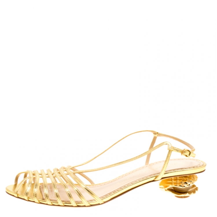 Pre Owned Charlotte Olympia Metallic Gold Leather Shelly Faux Pearl Embellished Heel Slingback Sandals Size 39